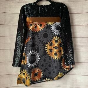Black and Orange Gear Tunic Blouse Sequin Top Long Sleeve Asymmetrical Bottom